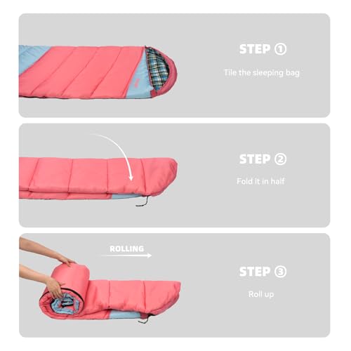 Cotton Flannel Lined Sleeping Bag for Adults Teens Kids, Cold Weather & Warm, 3 Seasons, Lightweight Compact Camping Essentials Equipment, Hiking, Outdoor, Travel - color: Pink Blue