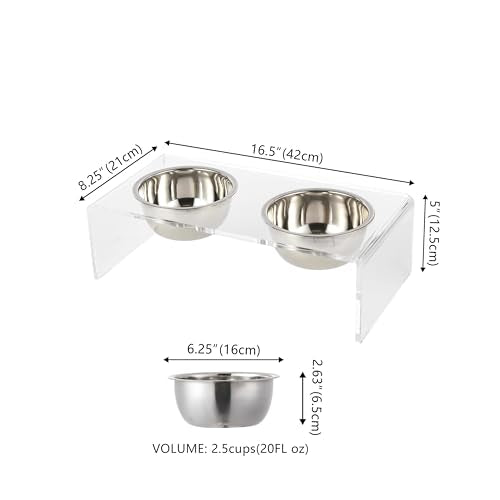 DBL2000A Keaton 5" Small/Medium Modern Lucite Rectangular Elevated Pet Feeder with 20oz 2-Stainless Steel Bowls, Clear/Chrome - color: Clear/Chrome, size: 20 Ounces (5" Cups 2-Pack)