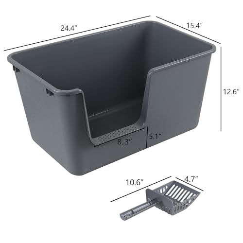4 Packs Large Open Top Cat Litter Box, High Sides Cat Litter Pan, Anti-Splash & Low Entry, Including 4 Cleaning Scoops for Multiple Cats, Large Breed, Gray