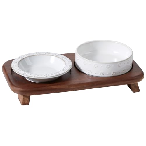 Havniva Ceramic Cat Food Bowl, 6.1" Raised Cat Bowls with Acacia Wood Stand | Elevated Cat Bowls, Whisker Friendly, Extra Wide Opening, Aesthetic Cat Dishes, Elegant Pet Bowls, Food-grade Ceramic, Kitten - color: 1Bowl+1Dish+Stand- Arctic White