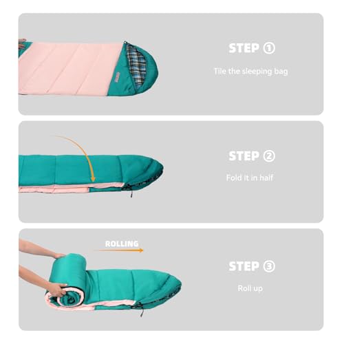 Cotton Flannel Lined Sleeping Bag for Adults Teens Kids, Cold Weather & Warm, 3 Seasons, Lightweight Compact Camping Essentials Equipment, Hiking, Outdoor, Travel - color: Green Pink