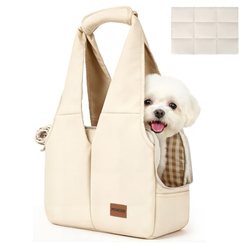 Dog Purse Carrier for Small Dogs and Cats, Soft-Sided Pet Tote Bag with 6 Large Pockets, Collapsible Travel Puppy Carrier with Small Cushion, Fits Pets up to 6 lbs (Beige, 13.6" L x 6.6" W x 10" H) - color: Beige, size: 13.6"L x 6.6"W x 10.0"H