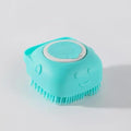 1pc blue pet massage brush and bath brush with soap dispenser design, soft silicone material that won't damage pet hair. Pet grooming tools suitable for various pets such as dogs and cats