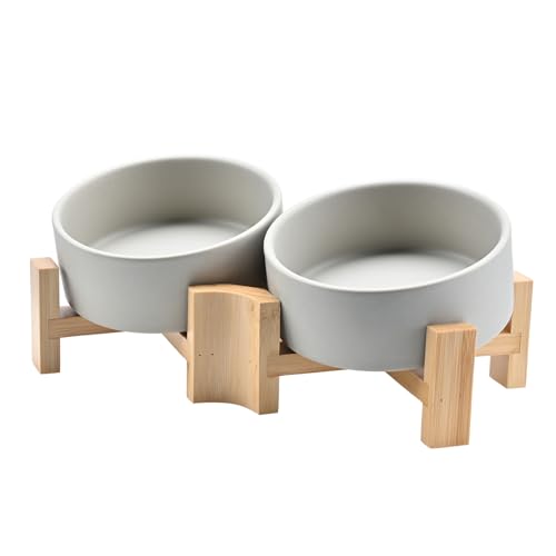 SPUNKYJUNKY 15° Slanted Ceramic Dog and Cat Bowl with Wooden Stand, Tilted Bulldog Food and Water Bowl No Slip Non-Spill for Cats Medium Dogs Big Face Pets 13.5 OZ (1.7 Cups, Grey × 2) - color: Grey, size: 1.7 CUPS × 2