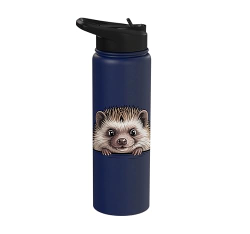 Hedgehog Cute Peeking Spiky Animal Lover Stainless Steel Insulated Water Bottle - color: Navy Blue
