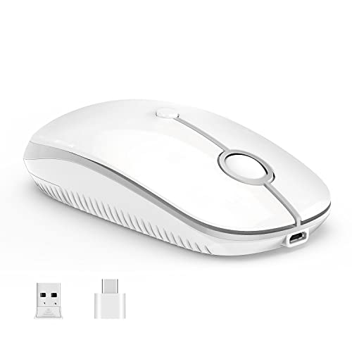 VssoPlor Type C Wireless Mouse, USB C MacBook Wireless Mouse, White Silver | Dual Mode Cordless Mice with USB and Type C Receiver Compatible with PC, Laptop, MacBook and All USB C Devices - color: White and Silver