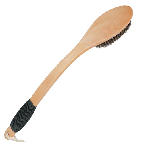 OWIIZI Antiskid Back Scrubber for Shower with Natural Horsehair Bristles | 17.2" Wooden Curved Long Handle Bath Brush,Shower Brush for Exfoliating,Back Scrub Deep Cleanse for Back Use Wet or Dry