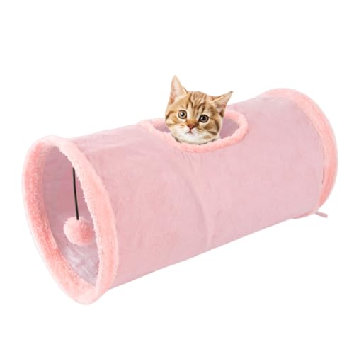 Cat Tunnel,Indoor Cat Play Tube Toys with Play Ball,Durable Collapsible Rabbit Hideaway Tunnel for Kitten,Bunny, Guinea Pig, Rat, Hamster, Ferret, Chinchilla (Pink) - color: Pink