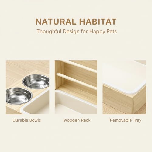 3 in 1 Rabbit Hay Feeder with Litter Box, Wooden Bunny Hay Holder Feeder Toilet Combo with 2 Stainless Steel Bowls and Removable PP Tray for Rabbits, Guinea Pigs,Small Animals