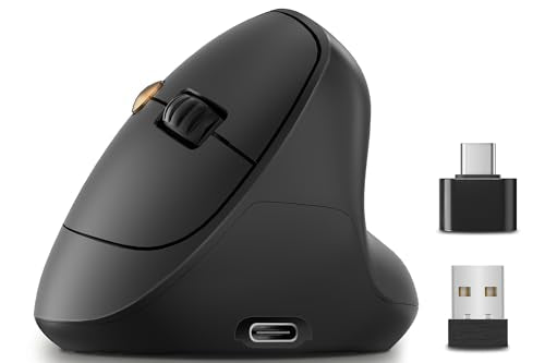 Ergonomic Vertical Wireless Mouse, 57°, Small/Medium Hands, Black | Rechargeable, Quiet Click, 800/1200/1600 DPI, 2.4GHz USB Receiver, Forward/Back Buttons, Computer Mouse for Laptop PC Mac - color: Black