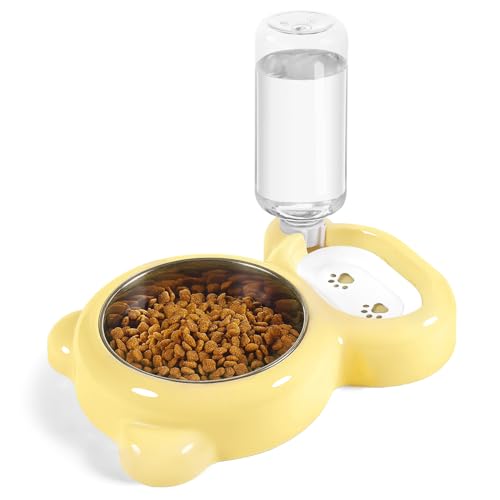 Dog Bowls, Cat Food and Water Bowl Set with Water Dispenser and Stainless Steel Bowl for Cats and Small Dogs - Yellow - color: Yellow