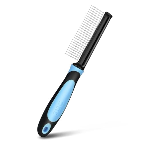 Flexzion Metal Dog Comb for Grooming and Dematting, Blue Soft-Grip Handle | Detangling Pet Comb for Dogs and Cats with Rounded Stainless Steel Teeth and a Non-Slip Grip - color: Blue