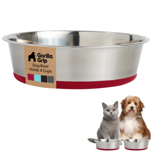 GORILLA GRIP Dog Bowl, Holds 4 Cups (32 fl oz), Food Grade 304 Stainless Steel Food and Water Bowl for Feeding Dogs and Cats, BPA Free Rubber Base, Easy Clean, Dishwasher Safe, Rust Resistant, Red - color: Red, size: 4 Cup (32 Oz)