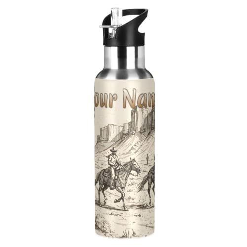 Custom Western Cowboy Cactus Water Bottle Kids Stainless Steel Bottle with Straw Lid Personalized Name Boys Girls Insulated Cup for School 20 oz - color: Multi101