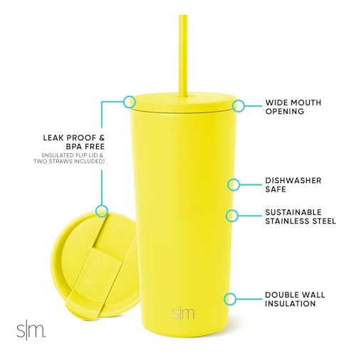 Simple Modern Insulated Tumbler with Lid and Straw | Iced Coffee Cup Reusable Stainless Steel Water Bottle Travel Mug | Gifts for Women Men Her Him | Classic Collection | 20oz | Canary - color: -Canary, size: 20 Ounces
