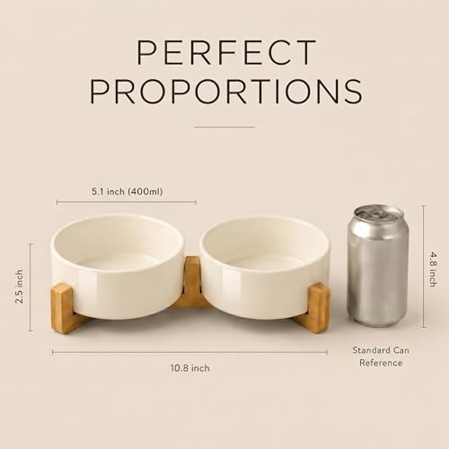 SPUNKYJUNKY Ceramic Dog and Cat Bowl Set with Wooden Stand, Modern Cute Weighted Food Water Set for Small Size Dogs (13.5OZ) & Medium Sized Dogs (28.7OZ) & Cats (1.7 Cups, 2 × Beige) - color: Beige × 2, size: 1.7 cups