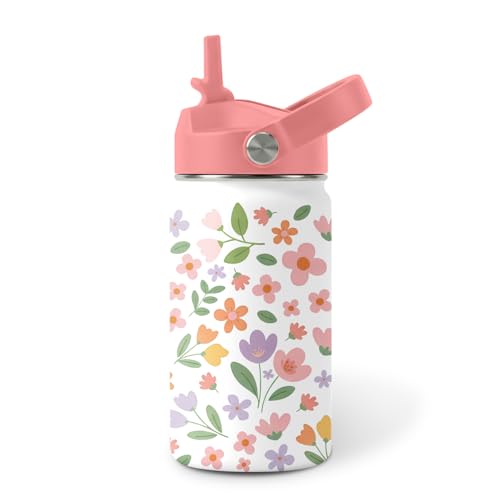 Flower Water Bottle for Son & Daughter, Stainless Steel Insulated Tumbler with Straw Lid and Handle, 12oz Reusable Leak-Proof Bottle for Sports - color: Flower-Leaf