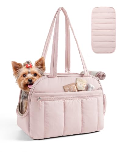 BAGSMART Dog Purse Carrier for Small Dogs Up to 13lbs Puppy Travel Tote Bag | Quilted Puffy Soft Sided Pet Handbag with Pockets, Collapsible Lightweight Portable Carrying with Safety Tether & Mat, Pink - color: Baby Pink