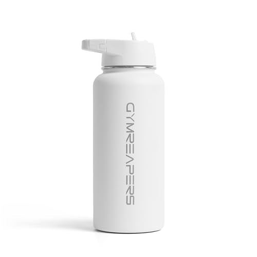 Gymreapers Insulated Water Bottle with Straw - 32 OZ Stainless Steel Water Bottles - BPA Free Metal Double Wall Vacuum Cold Hot Leakfree Flask Jug For Travel, Sports, Gym, School & Workout - color: White