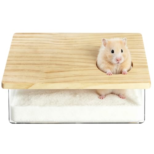 Clear Acrylic Hamster Sand Bath Box with Wood Lid Mini Pet Sandbox (A) | Transparent pet shower box with wooden cover easy clean digging hideout space saving corner design for Syrian Hamster - style: A