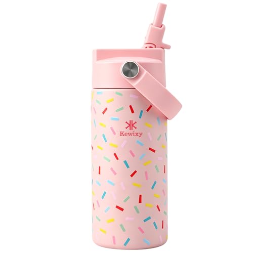 KEWIXY 14oz Water Bottle with Straw, Easy Slide Lid, Leak Proof, Keep Cold 24H, Vacuum Insulated, Metal Stainless Steel with Handle for School, Confetti Pink - color: Confetti Pink, size: 14 Ounces