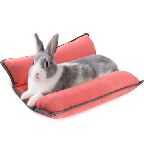 Rabbit Bed, Washable Bunny Pillow, Reversible Lounger Pad, Soft Small Animal Bedding, Stress Relief Pet Mat for Kittens, Guinea Pigs, Puppies - color: Light Red