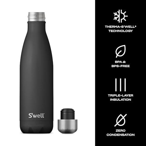 S’well Stainless Steel 17oz Water Bottle, Onyx Black, Triple-Layer Vacuum Insulated for 36 Hours Cold, 18 Hours Hot, BPA-Free, Durable and Portable - color: Onyx, size: 17 Ounces