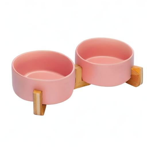 SPUNKYJUNKY Ceramic Dog and Cat Bowl with Wood Stand Non-Slip Matte Glaze Weighted Food Water Set for Cat Medium Dog 28.7 OZ - color: Pink × 2, size: 3.6 cups
