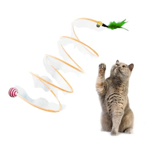 Andiker Cat Tunnel Toy, 10inch Collapsible Metal Cat Spring Toy with Nylon Mesh, Feather, Mouse, and Bell, Interactive Cat Toys for Indoor Cats to Scratch, Puzzle, Relax and Kill Time (Ball) - color: Ball