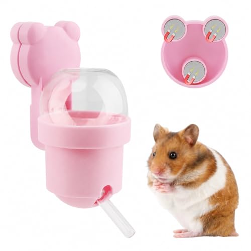 Magnetic Hamster Water Bottle, 3.7 oz Glass Small Pet Water Dispenser with Quiet Vacuum Nozzle, Drop-Resistant Holder for Cage or Glass Tank, for Hamsters, Gerbils and Mice(Pink)