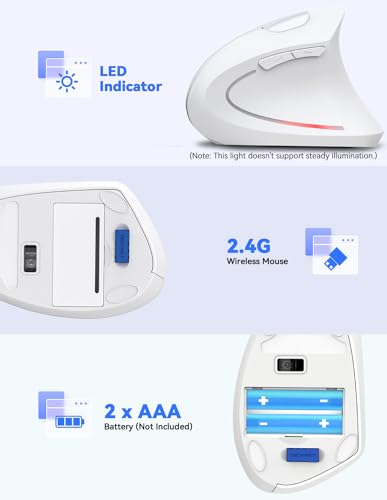 TECKNET Ergonomic Mouse Vertical Wireless with 2.4GHz USB A Receiver | 4800 DPI Optical Tracking, 12 Months Battery Operated, Carpal Tunnel Mice, 6 Buttons, Quiet, for Laptop, PC - White - color: White