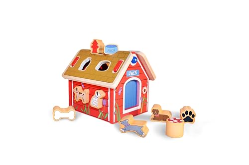 Jack Rabbit Creations Dog House Sorter - Wooden Montessori Toy - 18+ Months | 10 Puppy Pieces, 6.5 x 6.5 x 5.5 in, Red Finish, Ages 18-60, Medium Size, Skill Building Playset