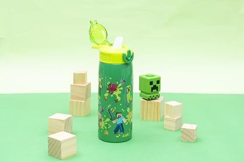 Zak Designs Minecraft Steve Sage 19oz Leak-Proof Straw Kids Water Bottle | BPA Free, Insulated Stainless Steel, Cupholder Friendly, Dishwasher Safe, Lid Lock, Handle, For School, Home, Travel, Outdoor - color: Minecraft (Steve, Alex, Mobs)