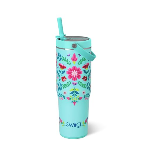 Swig Life 30oz Leakproof To-Go Tumbler with Handle, Flora Azul | Leakproof Lid - Triple Insulated Stainless Steel - Handle & Straw Included - Cup Holder Friendly - Dishwasher Safe - color: Flora Azul