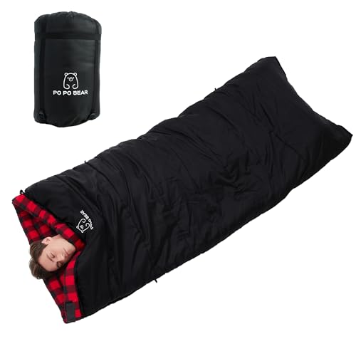 PO PO BEAR Zero Degree Sleeping Bag for Adults 100% Cotton Flannel Tall and Big - color: Black（0 F）, size: 84" x 40" Right Zip