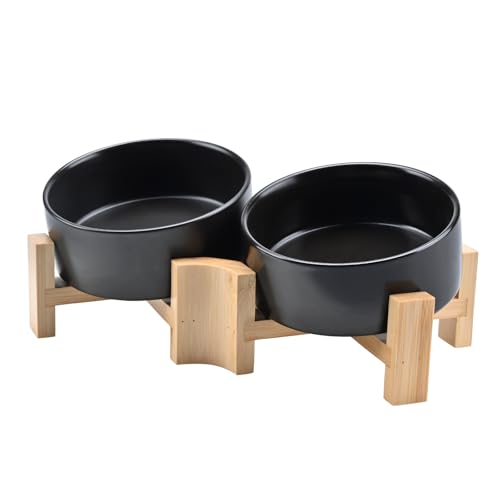 SPUNKYJUNKY 15° Slanted Ceramic Dog and Cat Bowl with Wooden Stand, Tilted Bulldog Food and Water Bowl No Slip Non-Spill for Cats Medium Dogs Big Face Pets 13.5 OZ (1.7 Cups, Black × 2) - color: Black, size: 1.7 CUPS × 2