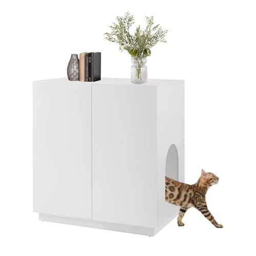 unipaws Tall Cat Litter Box Enclosure for Tall or Top Entry Litter Box | Hidden Litter Box Cover with Shelves, Kitty Enclosed Litter Box Cabinet, Cat Box Furniture - color: White