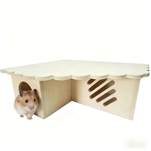 Hamster Hideout Wooden House - Multi-Functional Hamster Cage Accessories with Platform, Ventilated Hamster Hides & Cozy Hamster House for Small Pets (Syrian, Dwarf Hamsters)
