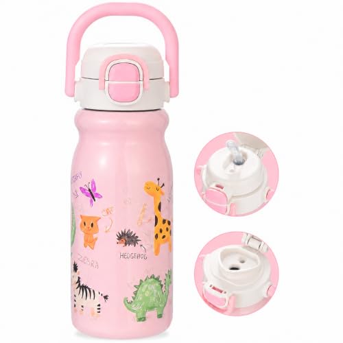 18oz Insulated Stainless Steel Kids Water Bottle for School, Animal | 2-in-1 Straw & Spout Lid, Leak-Proof, BPA-Free, for Girls & Boys, Pink - color: 18oz Light Pink-Animal