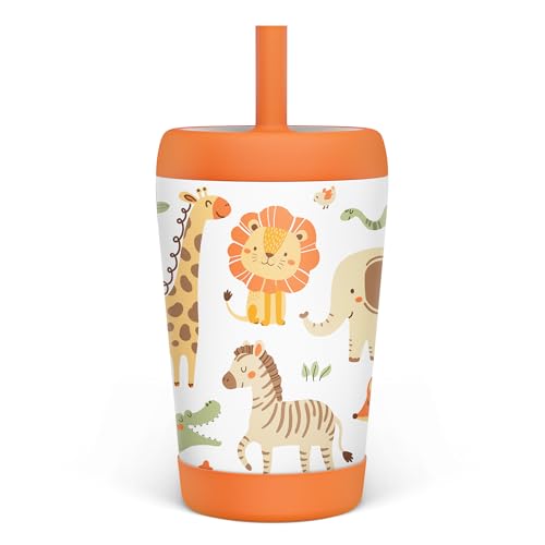 SANDJEST Kid Insulated Stainless Steel Tumbler with Silicone Straw, 12oz Sippy Cup for Kids (Jungle Animals) - color: Animal 1