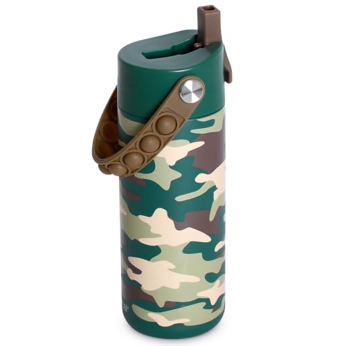 Elemental Insulated Kids Water Bottle, Stainless Steel Water Bottle with Straw Lid & Pop-It Handle, Leak-Proof Water Bottles for School, Boys or Girls, Travelling and Sports, 18oz - Green Camo - color: Green Camo