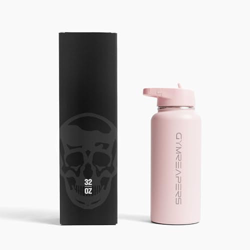 Gymreapers Insulated Water Bottle with Straw - 32 OZ Stainless Steel Water Bottles - BPA Free Metal Double Wall Vacuum Cold Hot Leakfree Flask Jug For Travel, Sports, Gym, School & Workout - color: Pink