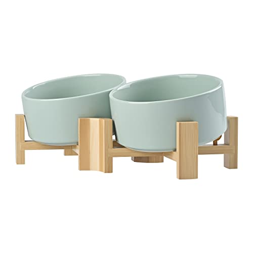 SPUNKYJUNKY 15° Slanted Ceramic Dog and Cat Bowl with Wooden Stand, Tilted Bulldog Food and Water Bowl No Slip Non-Spill for Cats Medium Dogs Big Face Pets 28.7 OZ (3.6 Cups, Morandi Green × 2) - color: Morandi Green, size: 3.6 CUPS × 2