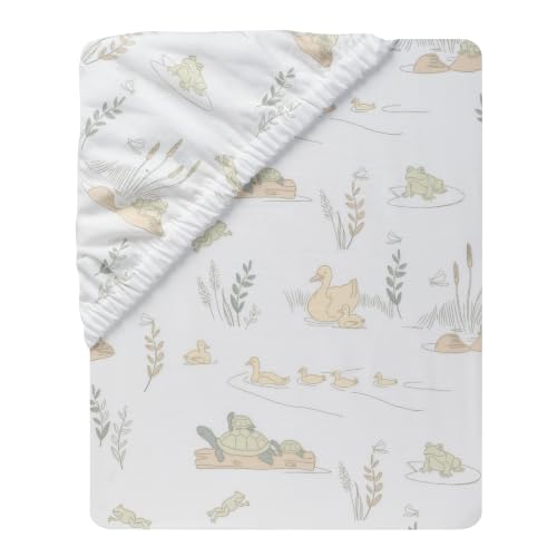 Lambs & Ivy Froggy and Friends 100% Cotton Baby Fitted Crib/Toddler Sheet | Featuring turtles, ducks, frogs, ducklings, and dragonflies. Fits standard size cribs. - color: Froggy & Friends