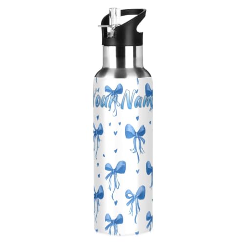 Custom Blue Bows Ribbons Polka Dots Water Bottle Kids Stainless Steel Bottle with Straw Lid Personalized Name Boys Girls Insulated Cup for School 20 oz - color: Multi102