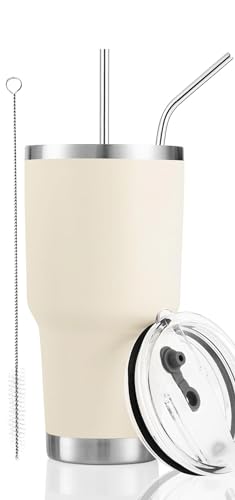D·S 30oz Cream Tumbler Double Wall Vacuum Insulated Travel Coffee Mug | Double Wall Vacuum Suit Cold and Hot Drink Fits in standard car cup holders With Splash-Proof Lid - color: Cream