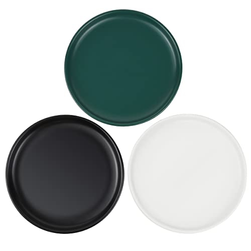 Ceramic Shallow Cat Dish 6 inch, Whisker Fatigue Free Cat Food Bowls, Wide and Small Pet Plate for Kitten and Kitty, Short Legged Munchkin Cat - color: 3 Pack - White & Black & Green