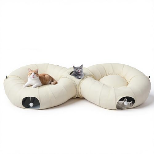 Pawaboo 2-in-1 Cat Tunnel Bed, 8-Shaped Cat Tunnels, Beige | Foldable Cats Cave Hideout Kitty Toys with Fluffy Balls, Donut Tunnel for Kitten Rabbit Ferret - color: Beige, size: 68.9 x 31.5 x 11.8in