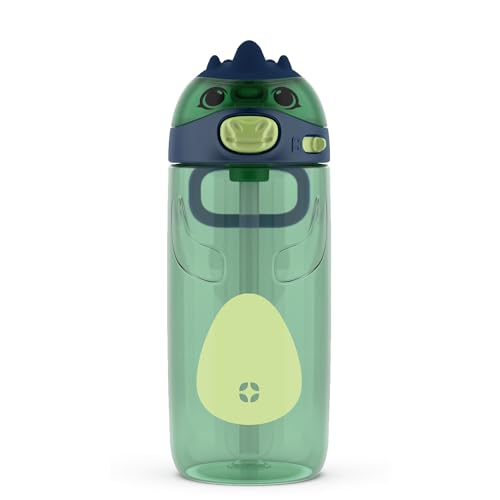 Ello Ellies 16oz BPA-Free Plastic Leakproof Kids Water Bottle, Dino | Animal shaped plastic kids water bottle with straw, leakproof locking lid, carry handle, & BPA-free design for school lunches - color: Dino, size: 16 Ounces