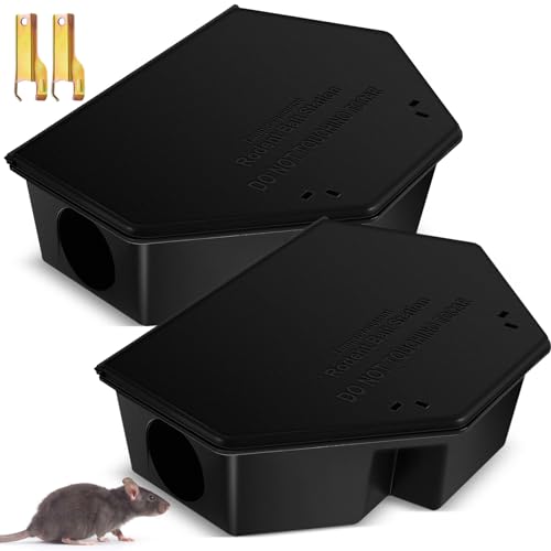 Qualirey 2 Pcs Large Rat Bait Station Bulk with Keys 13.58 x 8.98 x 3.35 Inch Rodent Station Rat Boxes, Made of Sturdy Materials, Bait Not Included (Black) | 13.58"x8.98"x3.35" Mouse Station for Outdoor Indoor, Sturdy Lockable Design, Bait Not Included -